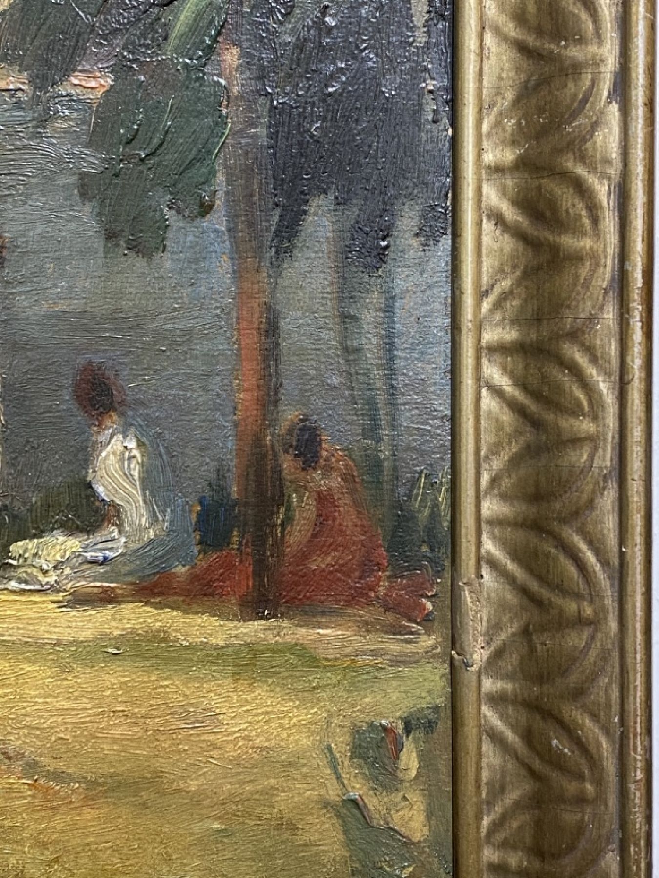 Detail d: Friedrich August Herkendell, 1876 Düsseldorf -1940, spätimpressionistische Landschaft, Badende am See, Öl/Malkarton, re. u. Signaturstempel, ca. ...
