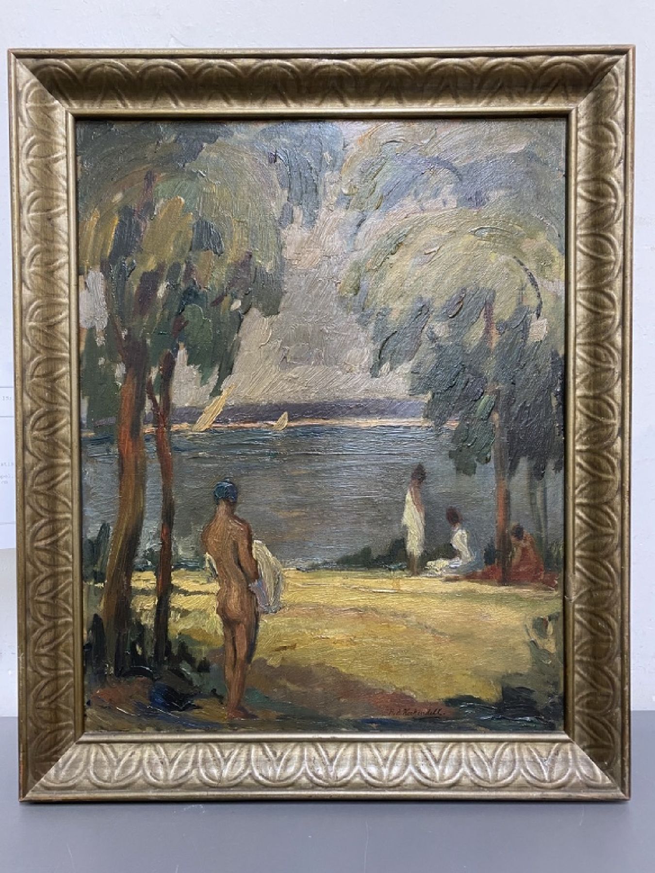 Detail e: Friedrich August Herkendell, 1876 Düsseldorf -1940, spätimpressionistische Landschaft, Badende am See, Öl/Malkarton, re. u. Signaturstempel, ca. ...