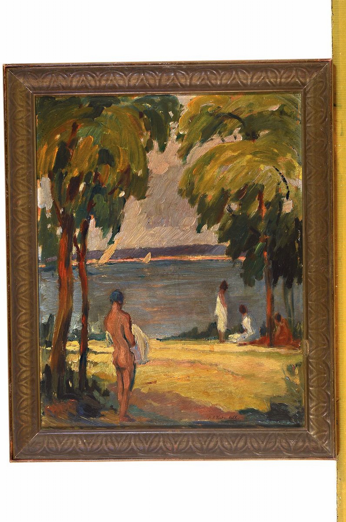 Detail k: Friedrich August Herkendell, 1876 Düsseldorf -1940, spätimpressionistische Landschaft, Badende am See, Öl/Malkarton, re. u. Signaturstempel, ca. ...