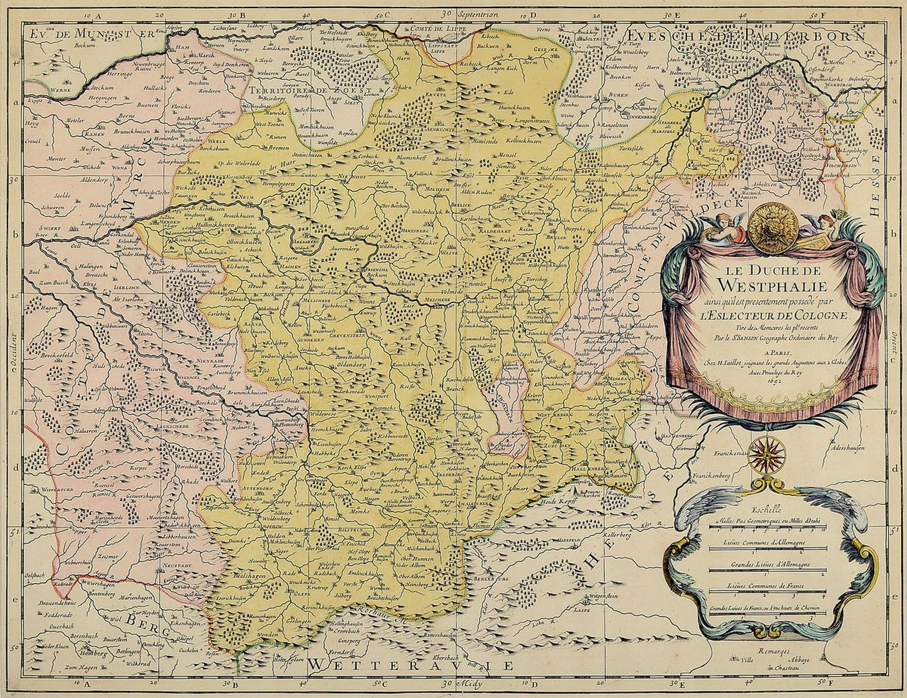 Kupferstichkarte von Sanson, frühes 18. Jh.,gedruckt bei Jaillot, La Duché de Westphale, teilkoloriert, geschmückte Kartusche rechts, geglättete ...