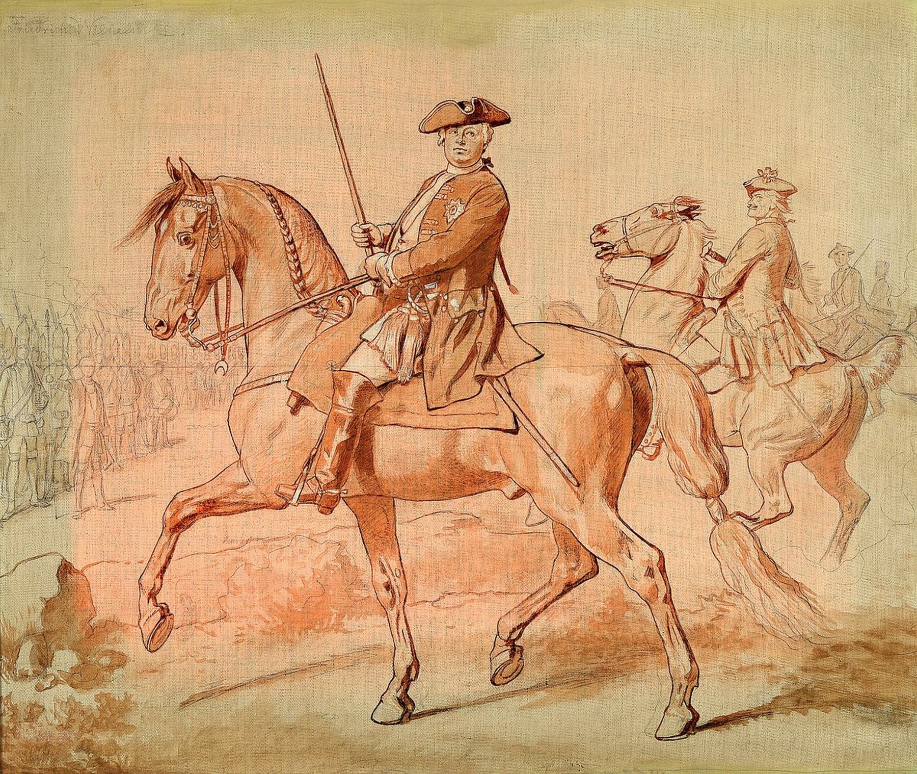 Wilhelm Camphausen, 1818-1885 Düsseldorf, Friedrich Wilhelm I. von Preussen bei der Parade seiner Garde, Graphit und Gouache auf grundierter Lwd, ...