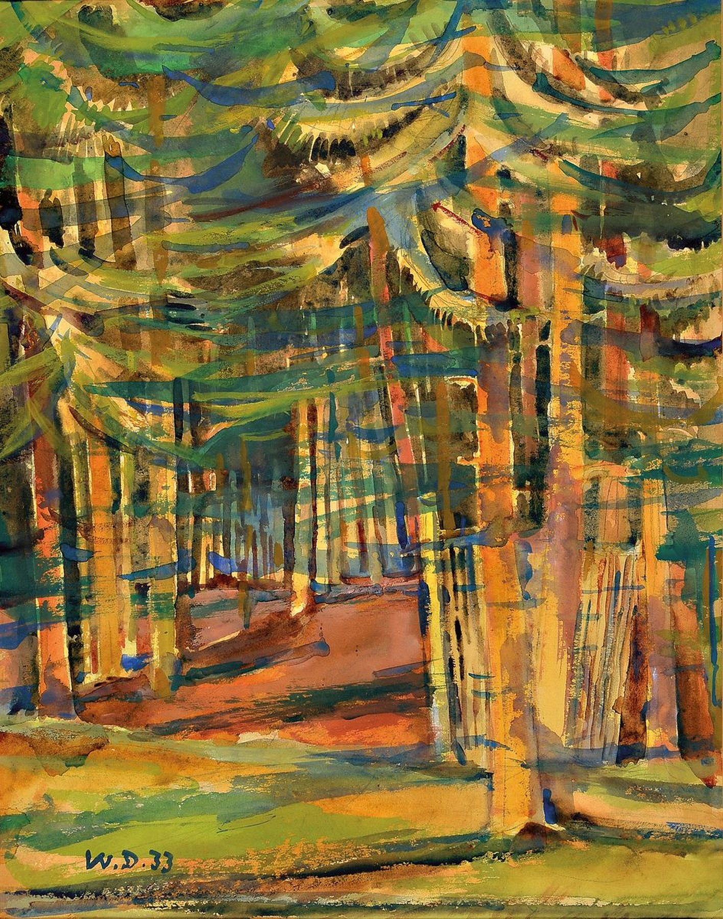 Willi Deutzmann, 1897-1958 Solingen, lichtdurchflutetes Waldinterieur, Gouache auf Papier, links unten monogrammiert W.D.33, ca. 46.5x36cm, PP, ...