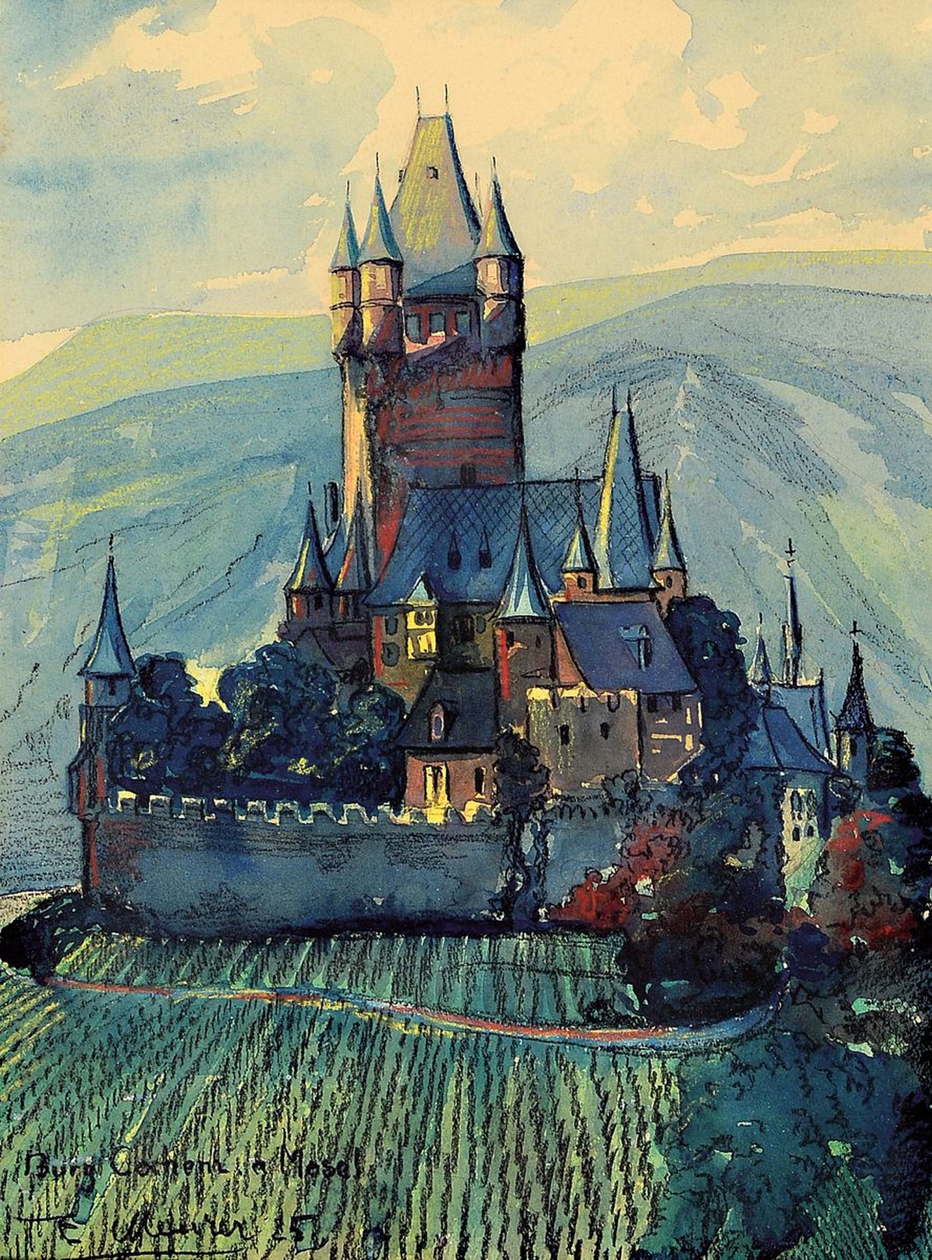 Ernst Meurer, 1884 Lahr-1956 Bonn, Blick auf Burg Cochem an der Mosel, Gouache auf Papier, links unten signiert, bezeichnet und dat. 25, ca. 30x22cm, ...