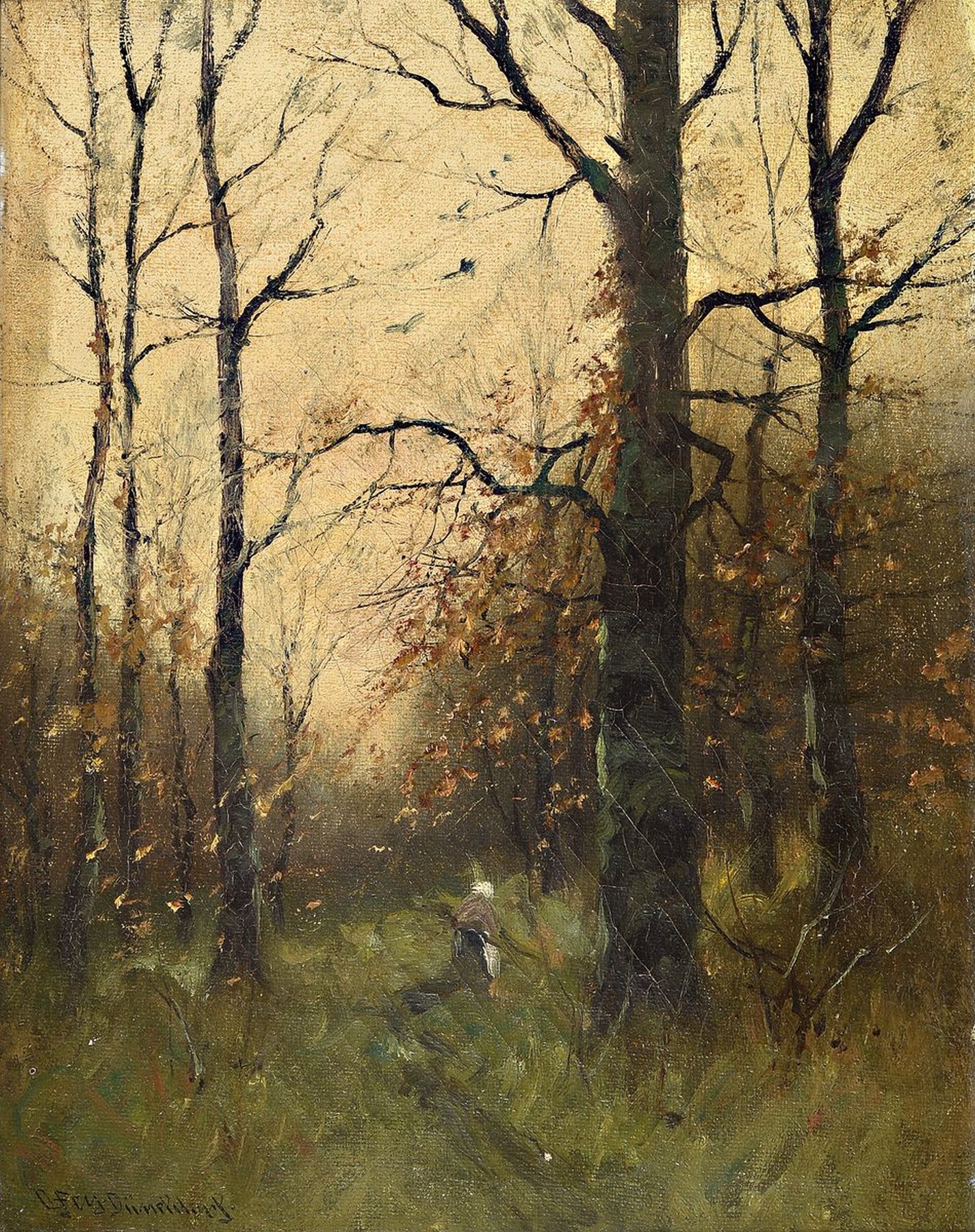 Carl Fey, 1867-1939 Düsseldorf, Herbstmorgen im Walde, Öl/Lwd, links unten signiert und bez.: Düsseldorf, rückseitig auf dem Keilrahmen betitelt, ...