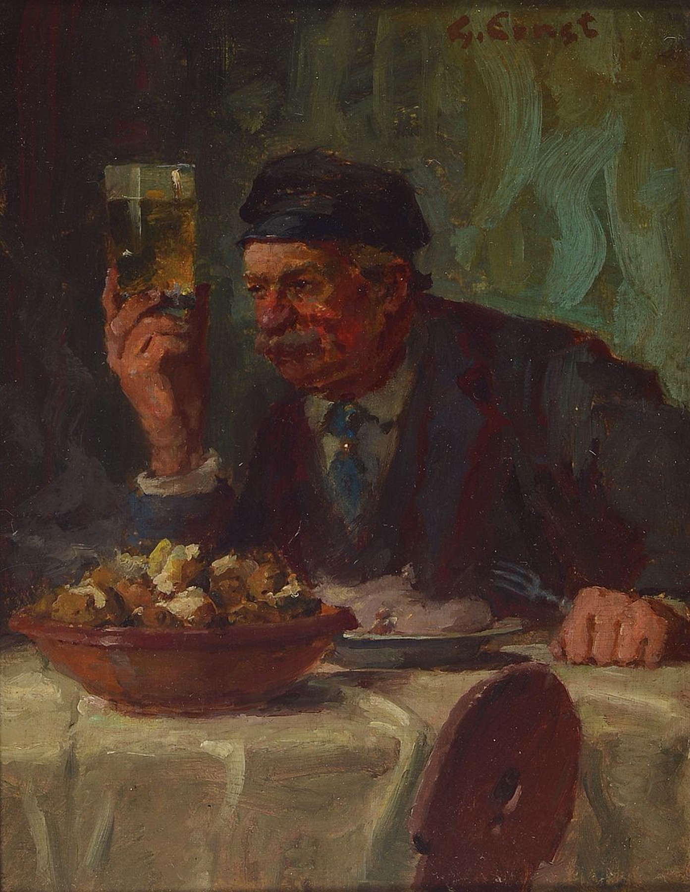 Gustav Ernst, 1858 Elsterberg-1945 Bad Dürkheim, Bauer am Esstisch mit erhobenem Weinglas, Öl/Holz, rechts oben signiert, ca. 18x14cm, R. ca. ...
