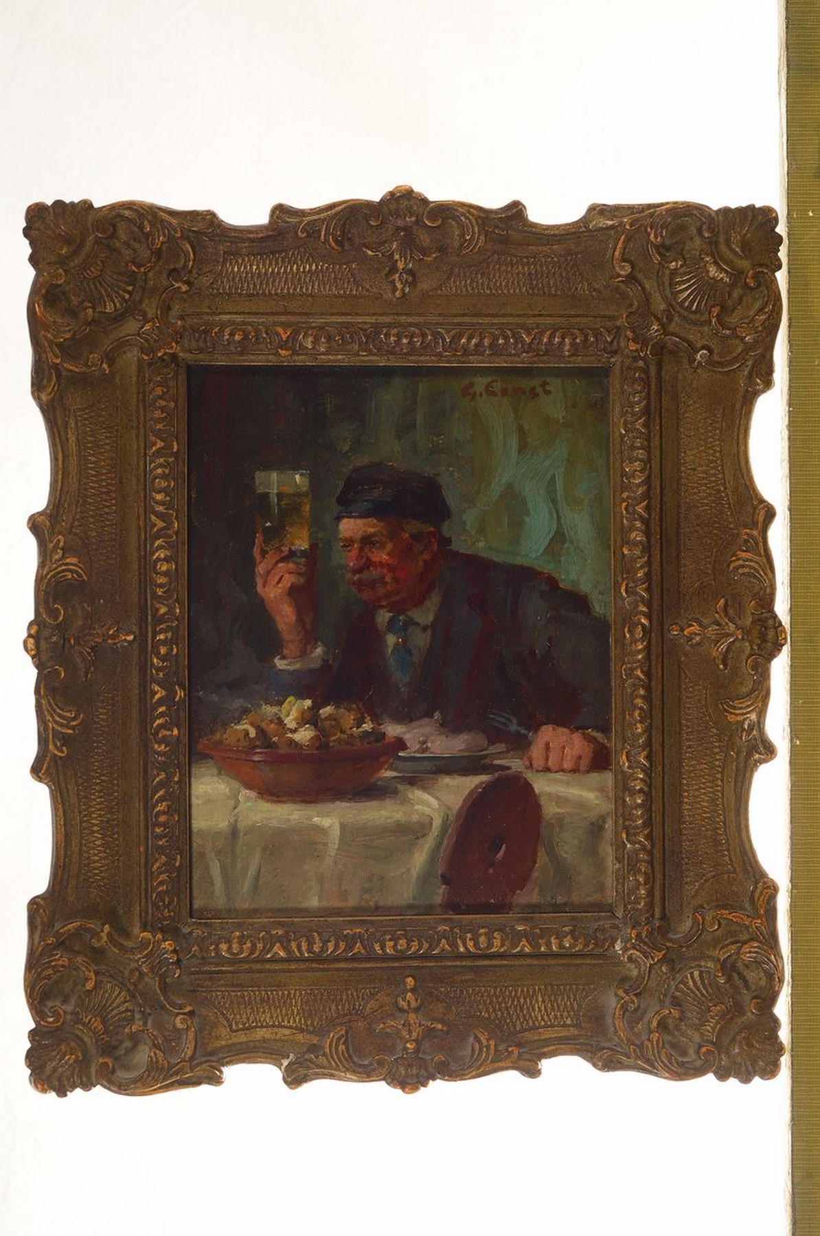 Detail k: Gustav Ernst, 1858 Elsterberg-1945 Bad Dürkheim, Bauer am Esstisch mit erhobenem Weinglas, Öl/Holz, rechts oben signiert, ca. 18x14cm, R. ca. ...