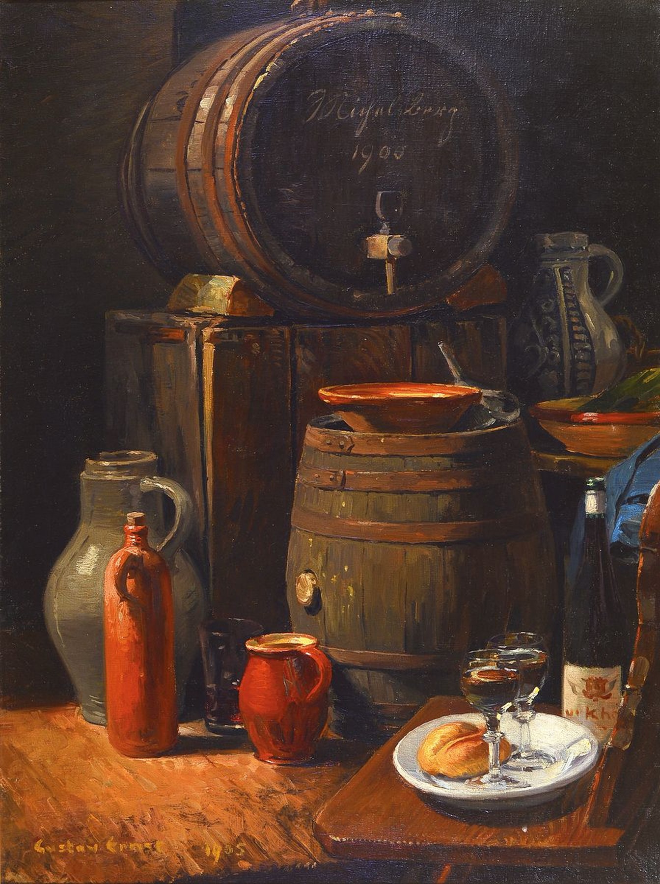 Gustav Ernst, bedeutender Pfälzer Maler, der vor allem den feierender Winzer und Interieurs im Keller meisterlich festhielt, 1858 Elsterberg-1945 ...