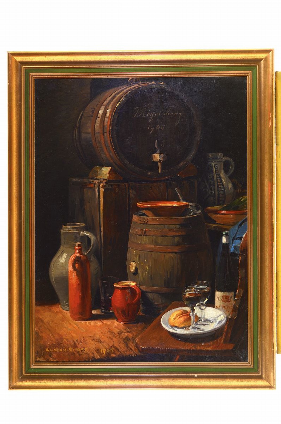 Detail k: Gustav Ernst, bedeutender Pfälzer Maler, der vor allem den feierender Winzer und Interieurs im Keller meisterlich festhielt, 1858 Elsterberg-1945 ...
