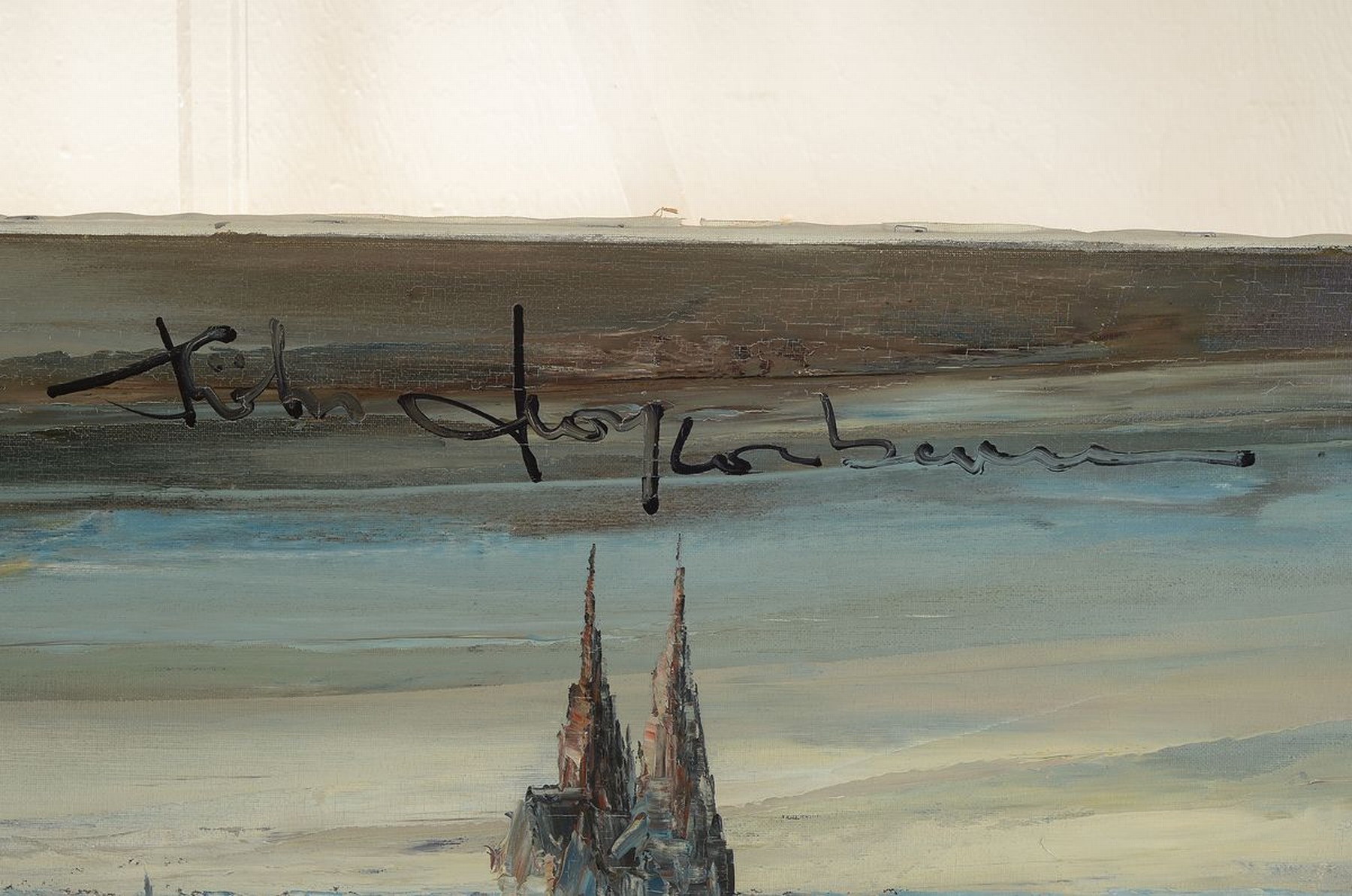 Detail a: Panoramaansicht von Köln, 1960er Jahre, Öl/Lwd, rechts oben unleserlich signiert, ca. 50x100cm