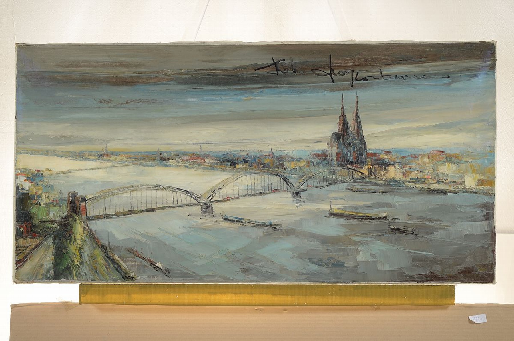 Detail k: Panoramaansicht von Köln, 1960er Jahre, Öl/Lwd, rechts oben unleserlich signiert, ca. 50x100cm