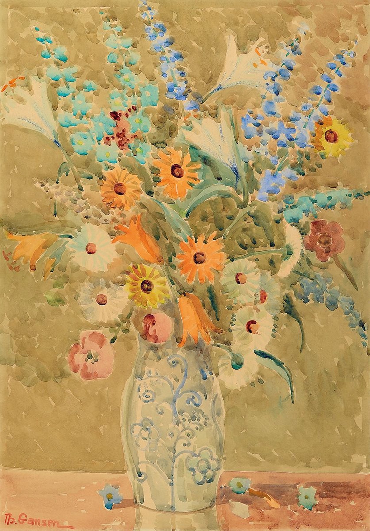 Theo Gansen, 1887 Lebach-1956, Studium an den Akademien Düsseldorf, Dresden und Stuttgart, hier: Großer Blumenstrauß, Aquarell auf Papier, links ...