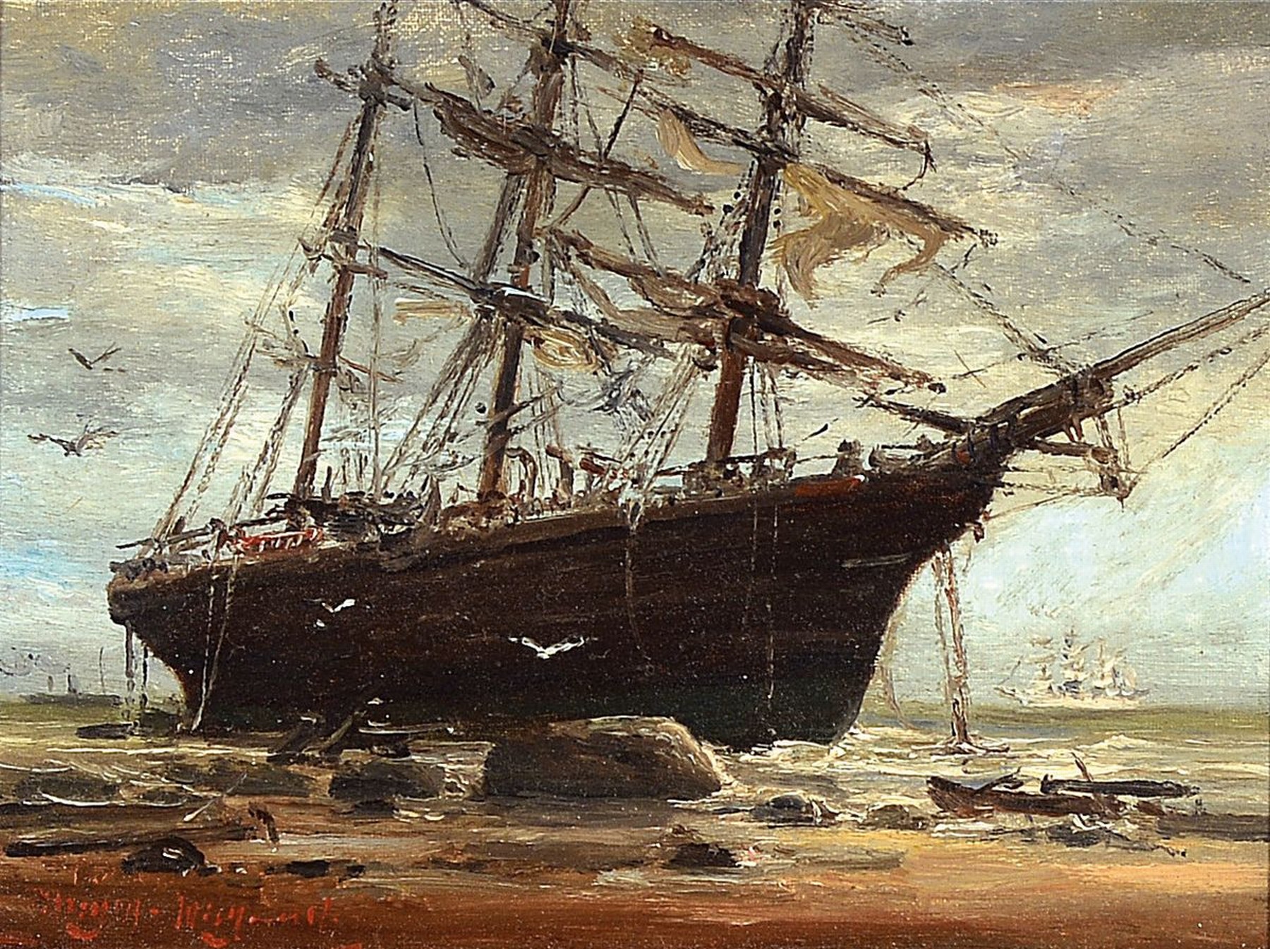 Rolf Dieter Meyer-Wiegand, 1929 Krefeld-2006 Köln, gestrandeter Dreimaster, Öl/Malkarton, links unten signiert, ca. 12.5x16cm, R. ca. 36x40cm