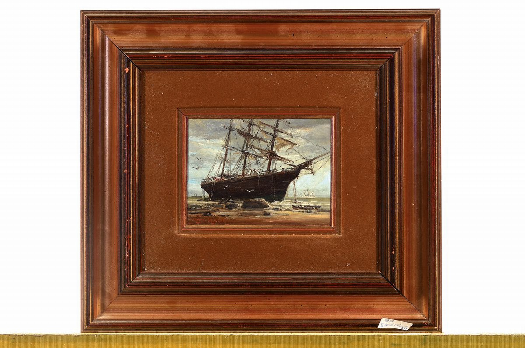 Detail k: Rolf Dieter Meyer-Wiegand, 1929 Krefeld-2006 Köln, gestrandeter Dreimaster, Öl/Malkarton, links unten signiert, ca. 12.5x16cm, R. ca. 36x40cm
