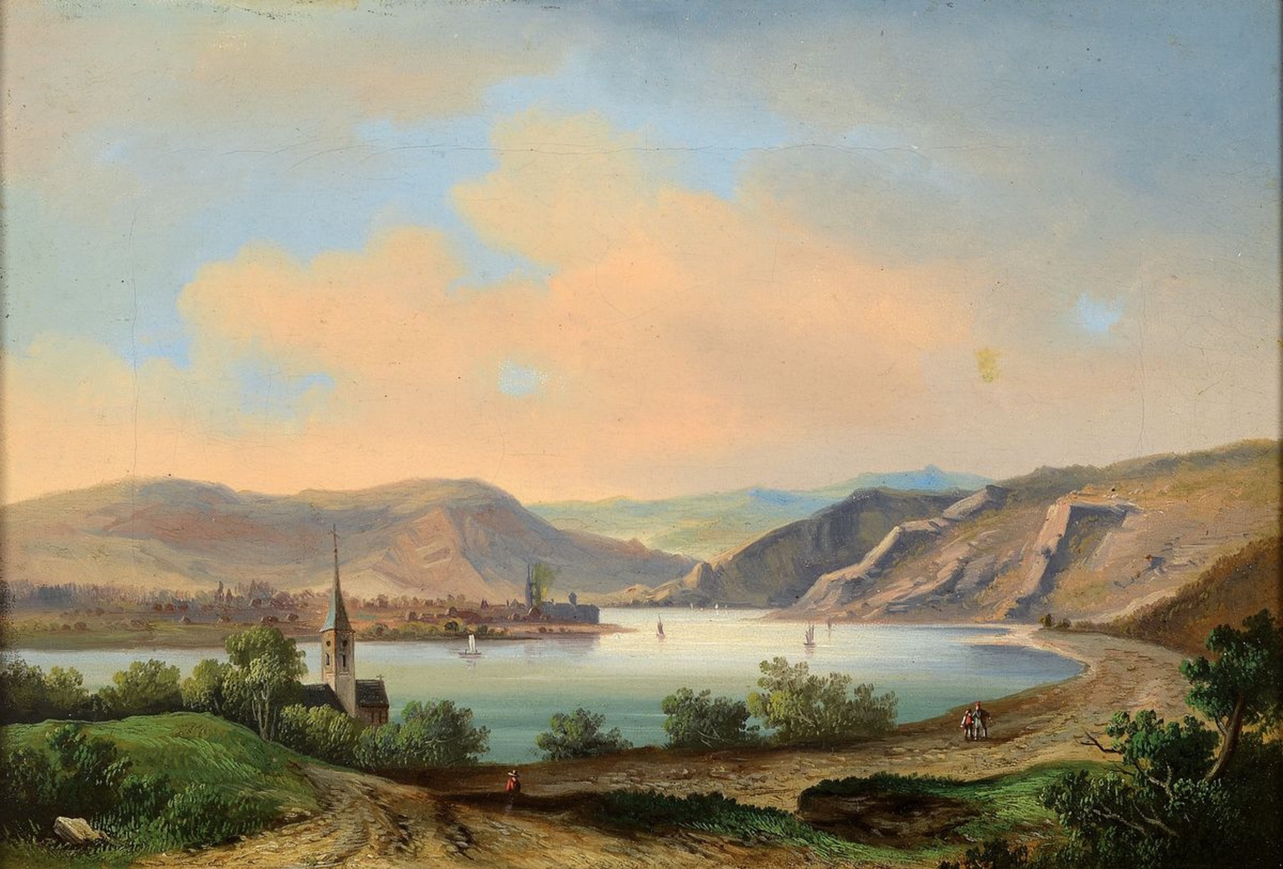 Zuschreibung: Ludwig Lange, 1808 Darmstadt-1868 München, Blick auf Boppard am Rhein, Öl/Lwd, rückseitig betitelt: Boppard, ca. 21x31cm, R. ca. ...