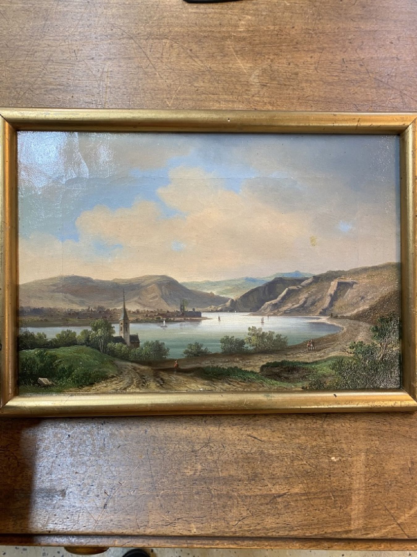 Detail d: Zuschreibung: Ludwig Lange, 1808 Darmstadt-1868 München, Blick auf Boppard am Rhein, Öl/Lwd, rückseitig betitelt: Boppard, ca. 21x31cm, R. ca. ...