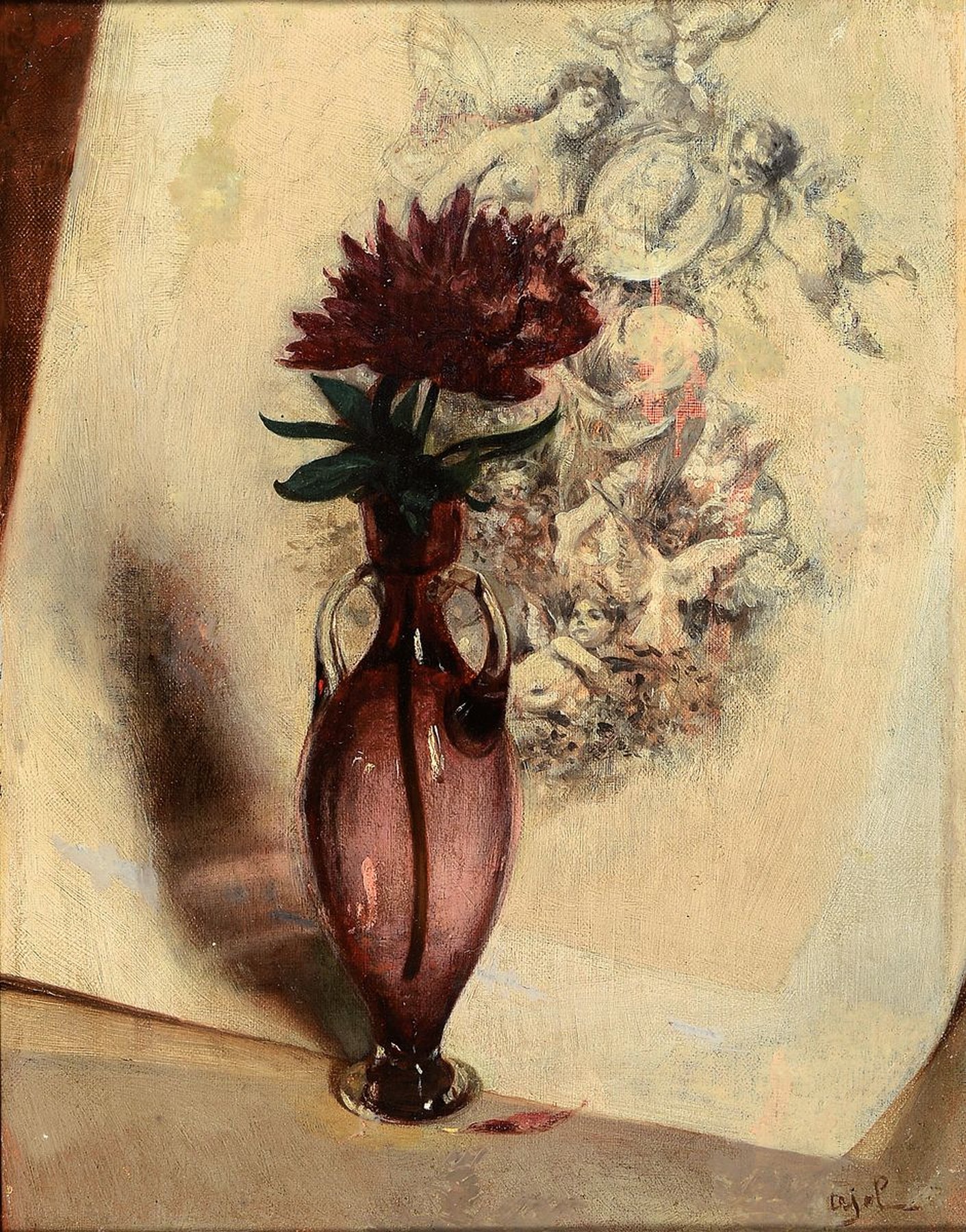 Charles Pierre Pajol, 1812-1891, Stillleben mit Blume in Glasvase vor einer Grisaillemalerei, Öl/Lwd, rest., rechts unten signiert, durch Retousche ...