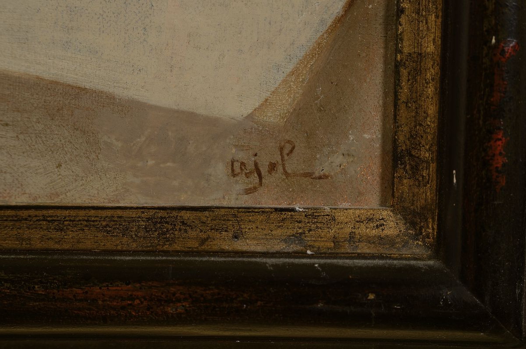 Detail a: Charles Pierre Pajol, 1812-1891, Stillleben mit Blume in Glasvase vor einer Grisaillemalerei, Öl/Lwd, rest., rechts unten signiert, durch Retousche ...