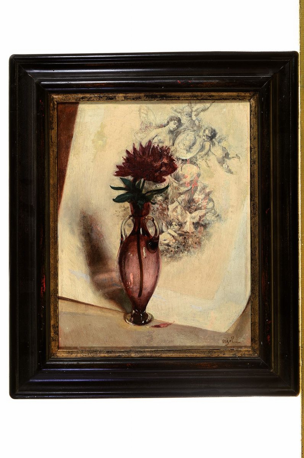 Detail k: Charles Pierre Pajol, 1812-1891, Stillleben mit Blume in Glasvase vor einer Grisaillemalerei, Öl/Lwd, rest., rechts unten signiert, durch Retousche ...