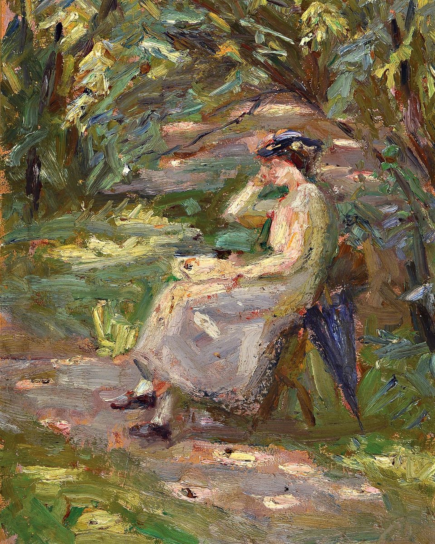 Unbekannter Künstler, deutsch, um 1900, Frau im Garten, Öl/Malkarton, expressive Malweise mit breitem Pinselduktus und gekonnter Lichtführung, auf ...