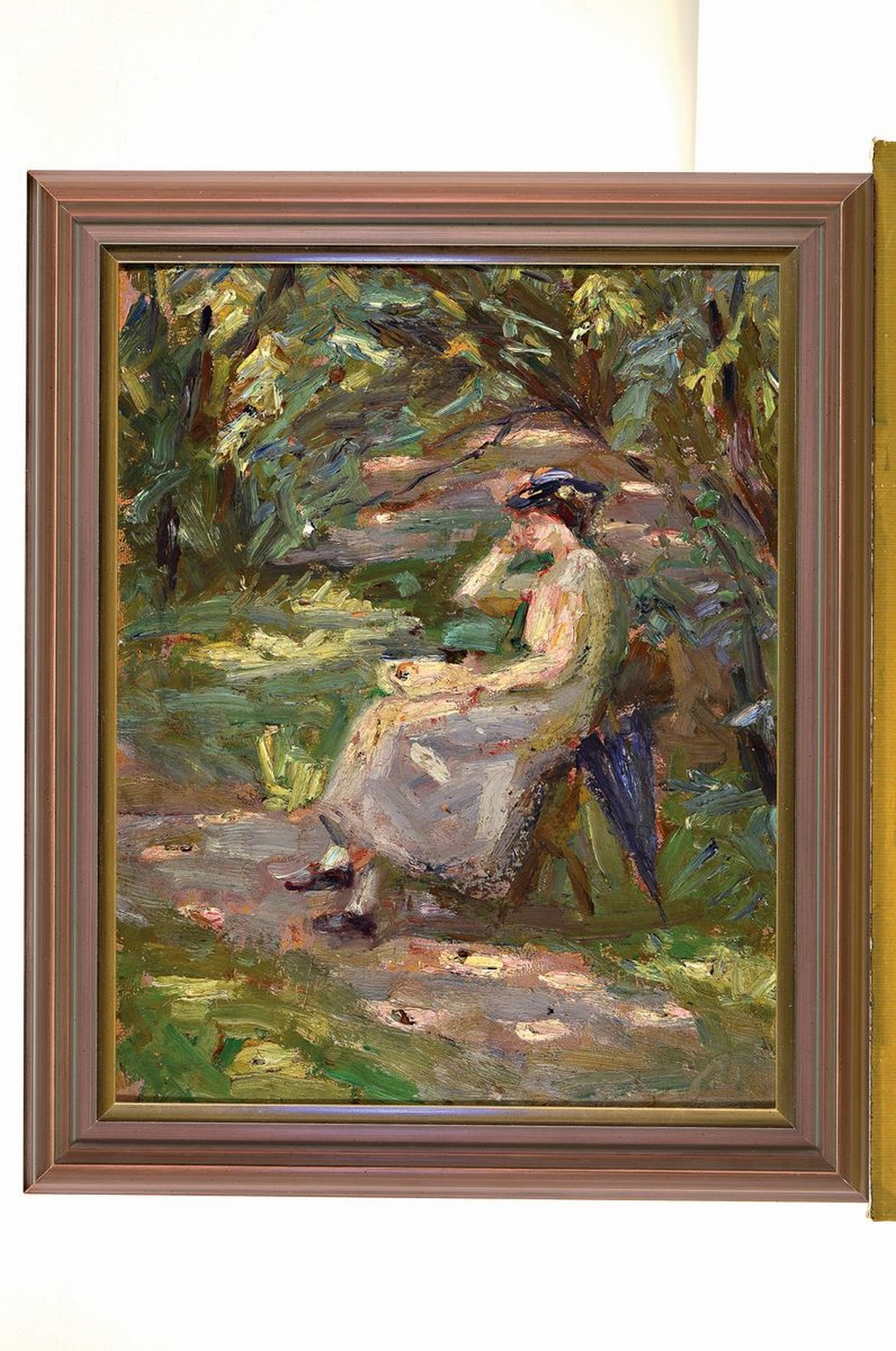 Detail k: Unbekannter Künstler, deutsch, um 1900, Frau im Garten, Öl/Malkarton, expressive Malweise mit breitem Pinselduktus und gekonnter Lichtführung, auf ...