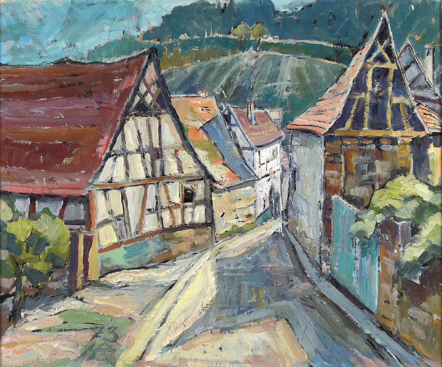Heinz Reiss, 1923-2012 Haßloch, Fachwerkhäuser in der Pfalz, Öl/Lwd, links unten monogr. und dat. 73, ca. 50x60cm, R. ca. 59x69cm