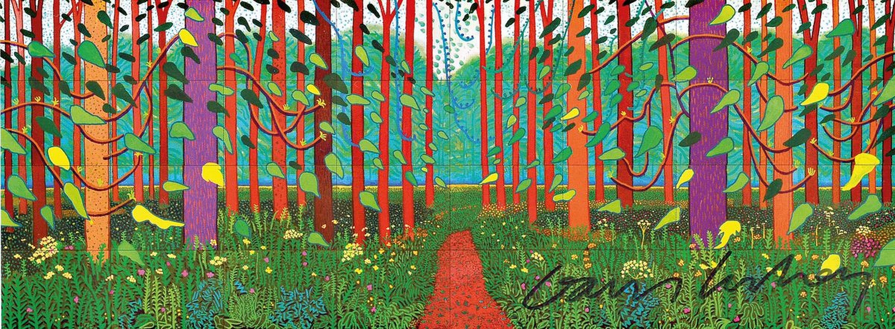 David Hockney, geb. 1937, "The Arrival of Spring", Postkarte, handsign., gerahmt zwischen doppeltem Plexiglas, Motiv ca. 10x22 cm, gesamt ...