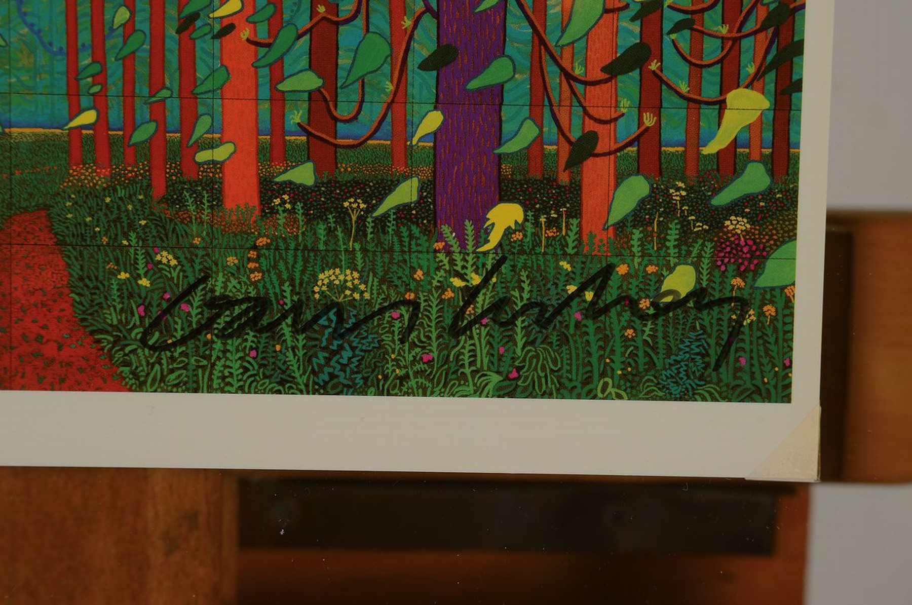 Detail a: David Hockney, geb. 1937, "The Arrival of Spring", Postkarte, handsign., gerahmt zwischen doppeltem Plexiglas, Motiv ca. 10x22 cm, gesamt ...