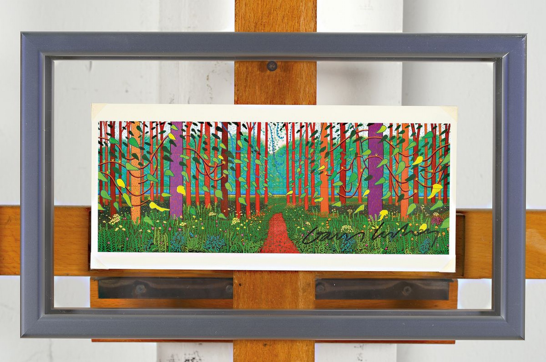 Detail k: David Hockney, geb. 1937, "The Arrival of Spring", Postkarte, handsign., gerahmt zwischen doppeltem Plexiglas, Motiv ca. 10x22 cm, gesamt ...