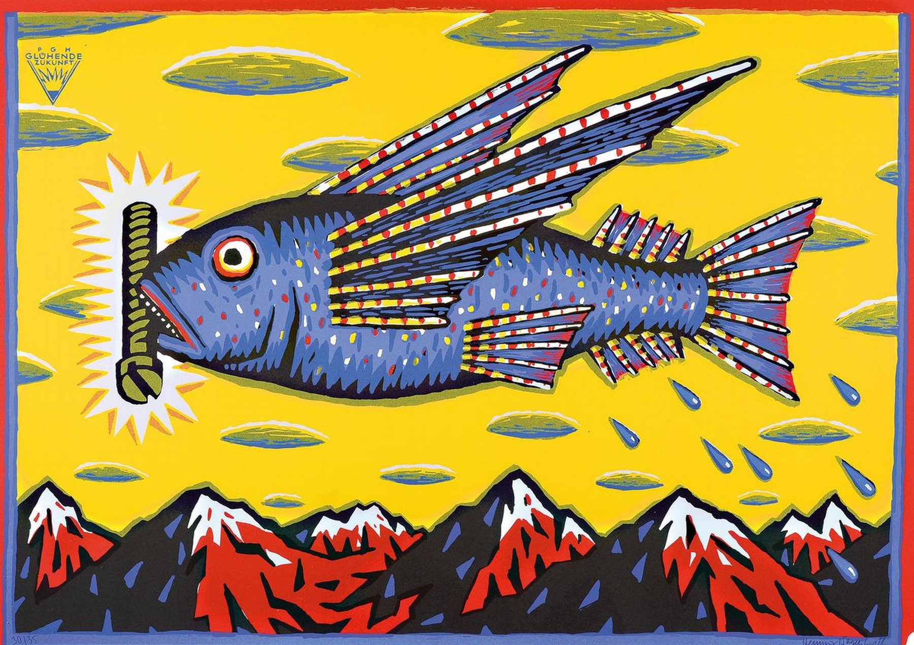 Henning Wagenbreth, geb. 1962, glühende Zukunft, Farbserigraphie auf dickem Karton, handsigniert, num. 30/35, aus 1995, ca. 59.4 x 84 cm, unter ...
