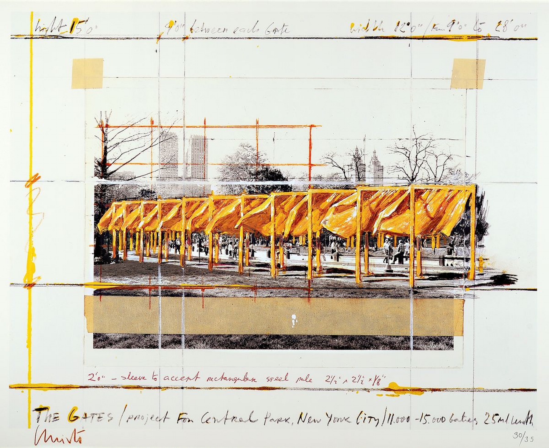 Christo, geb. 1935, "The Gates", Offsetlitho, num. 30/35, handsigniert, aus 1994, 59.5 x 84 cm, unter Glas, Rahmen: 63 x 87 cm