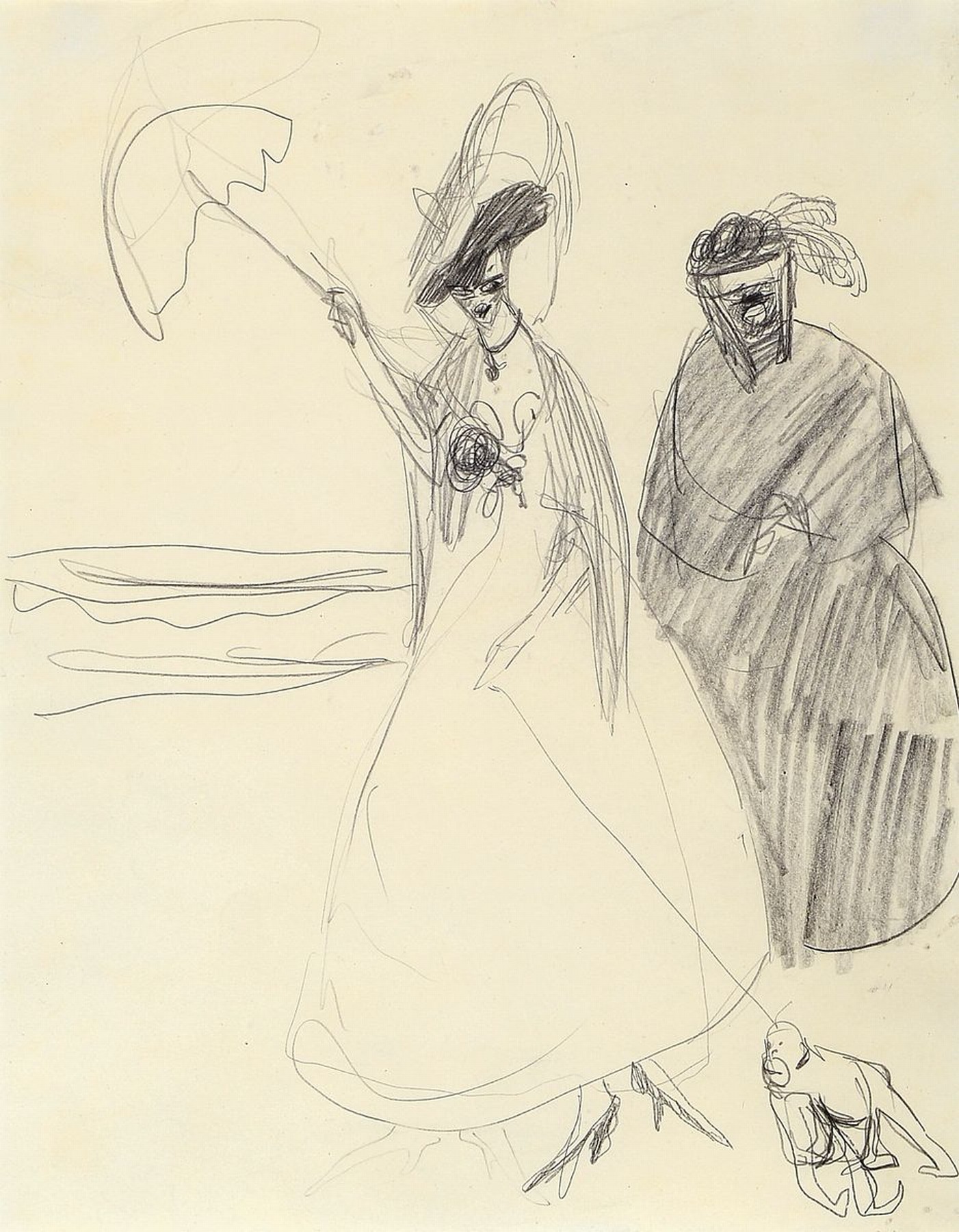 Lyonel Feininger, 1871 1956, Bleistiftzeichnung auf Papier, um 1907, Dame mit Dienerin und kleinem Affen an der Promenade, unsigniert, mit ...