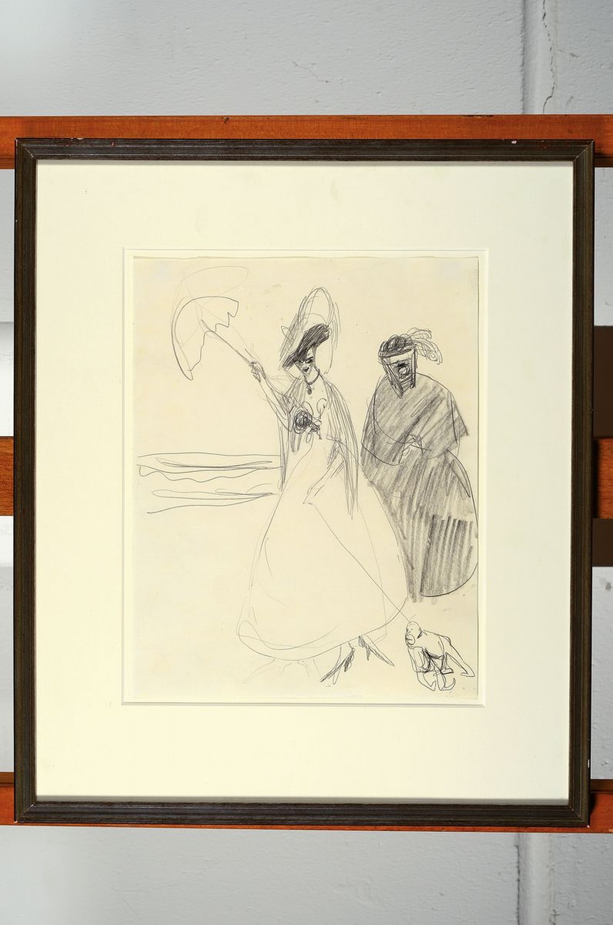 Detail k: Lyonel Feininger, 1871 1956, Bleistiftzeichnung auf Papier, um 1907, Dame mit Dienerin und kleinem Affen an der Promenade, unsigniert, mit ...