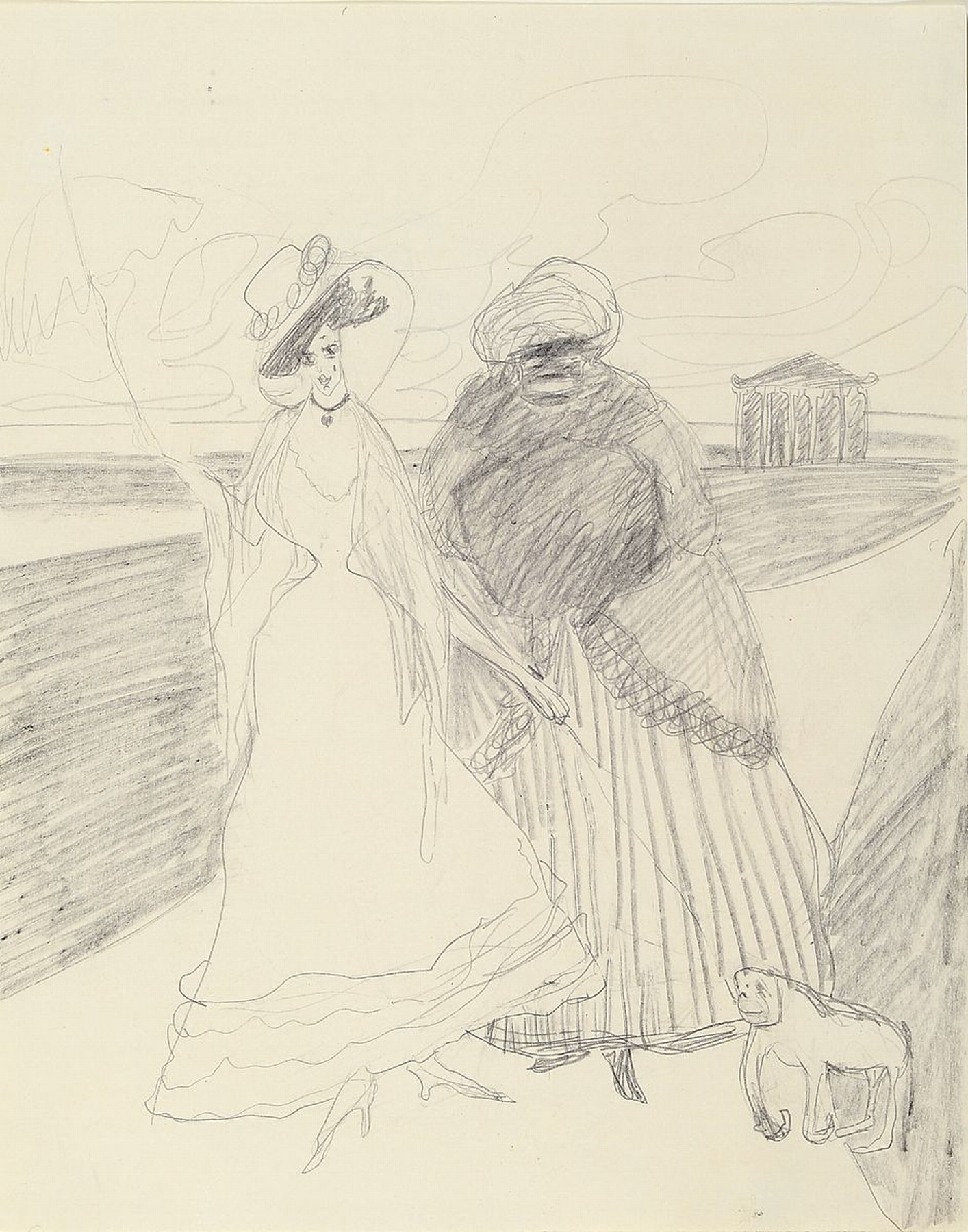 Lyonel Feininger, 1871 1956, Bleistiftzeichnung auf Papier, um 1907, Dame mit Dienerin und kleinem Affen an der Promenade, unsigniert, mit Echtheits ...