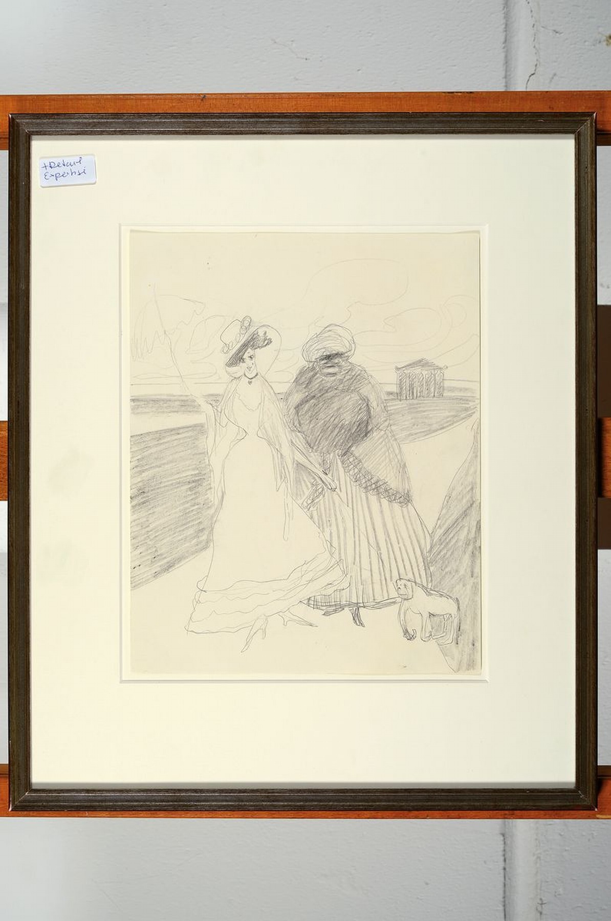 Detail k: Lyonel Feininger, 1871 1956, Bleistiftzeichnung auf Papier, um 1907, Dame mit Dienerin und kleinem Affen an der Promenade, unsigniert, mit Echtheits ...