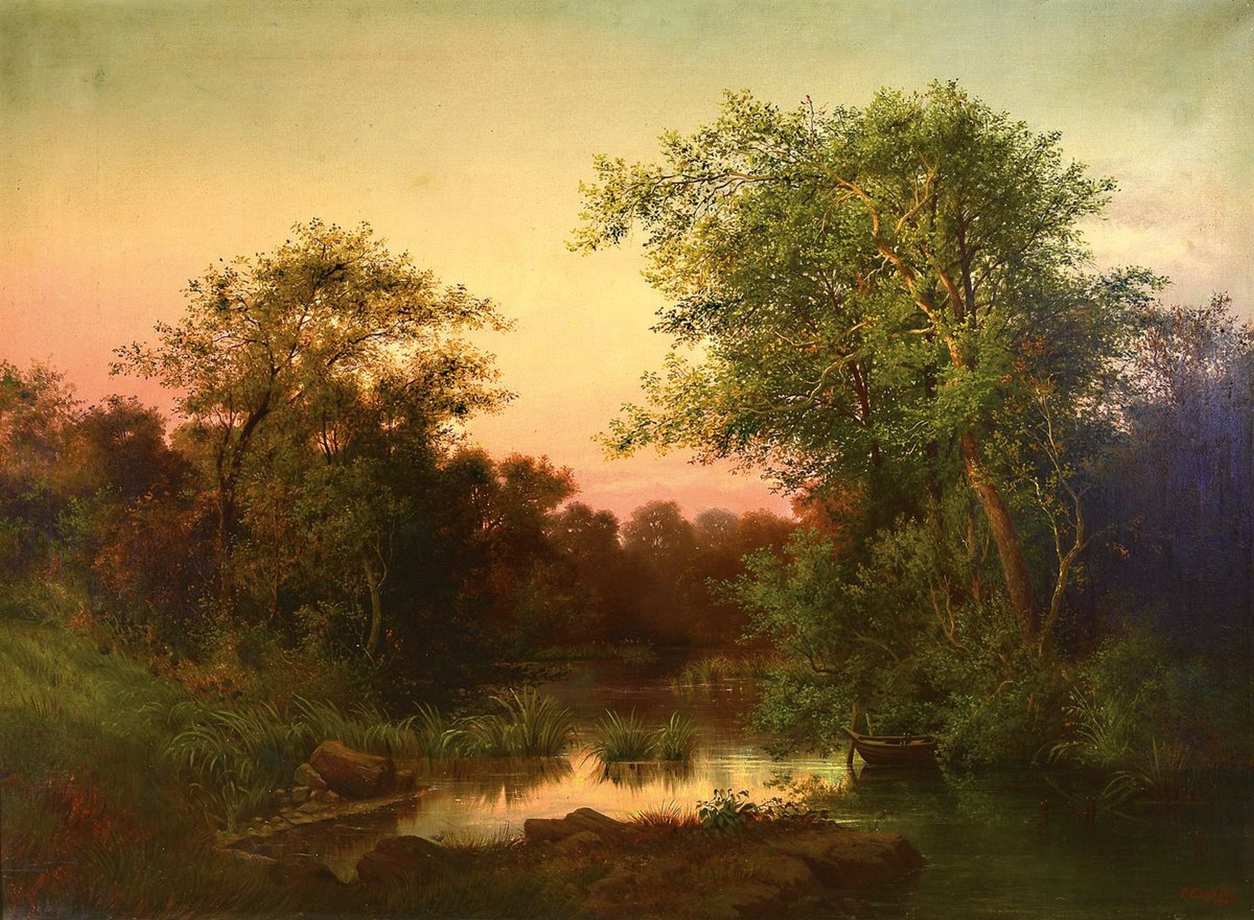 Paul Gropius, 1821-1888 Berlin, romantisches Abendrot über einem Weiher am Waldrand, seitlich rechts ein Kahn, qualitätvolle Malerei mit feiner ...