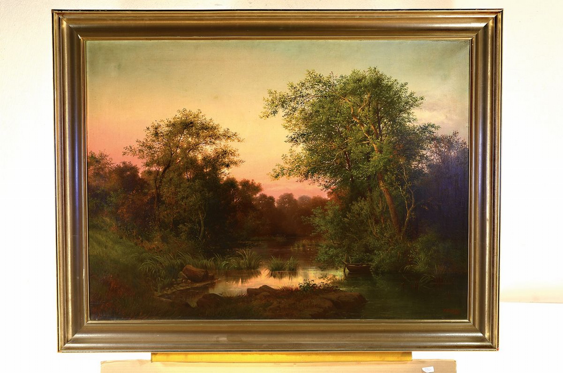 Detail k: Paul Gropius, 1821-1888 Berlin, romantisches Abendrot über einem Weiher am Waldrand, seitlich rechts ein Kahn, qualitätvolle Malerei mit feiner ...