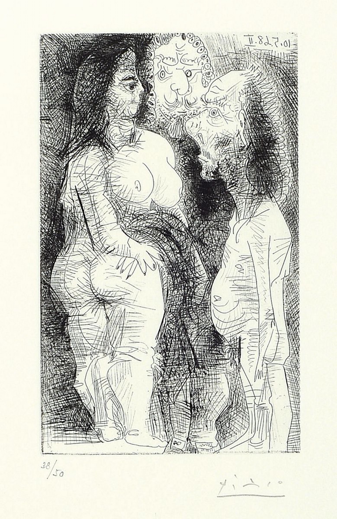 Pablo Picasso, 1881 - 1973, Aquatinta- und Kaltnadelradierung, Titel: "Grosse Courtisane, avec un Vieillard et un Spectateur", 1968, ...
