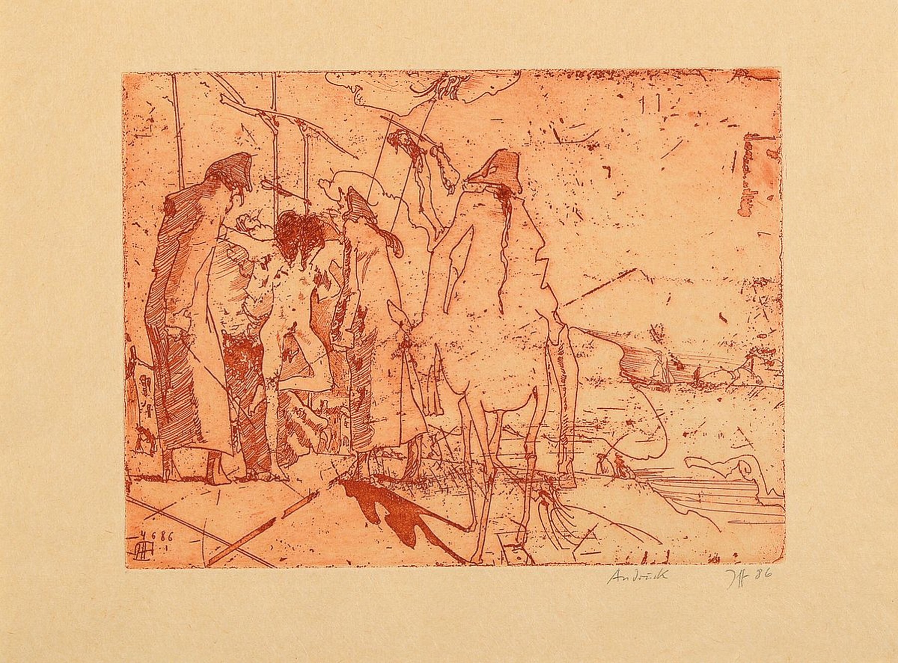 Horst Janssen,1929-1995, erotische Radierung, handsigniert, aus 1986, Blattgr. 24.4 x 33 cm, Rahmengr. 42.5 x 52.5 cm, Unikat, da es sich um einen ...