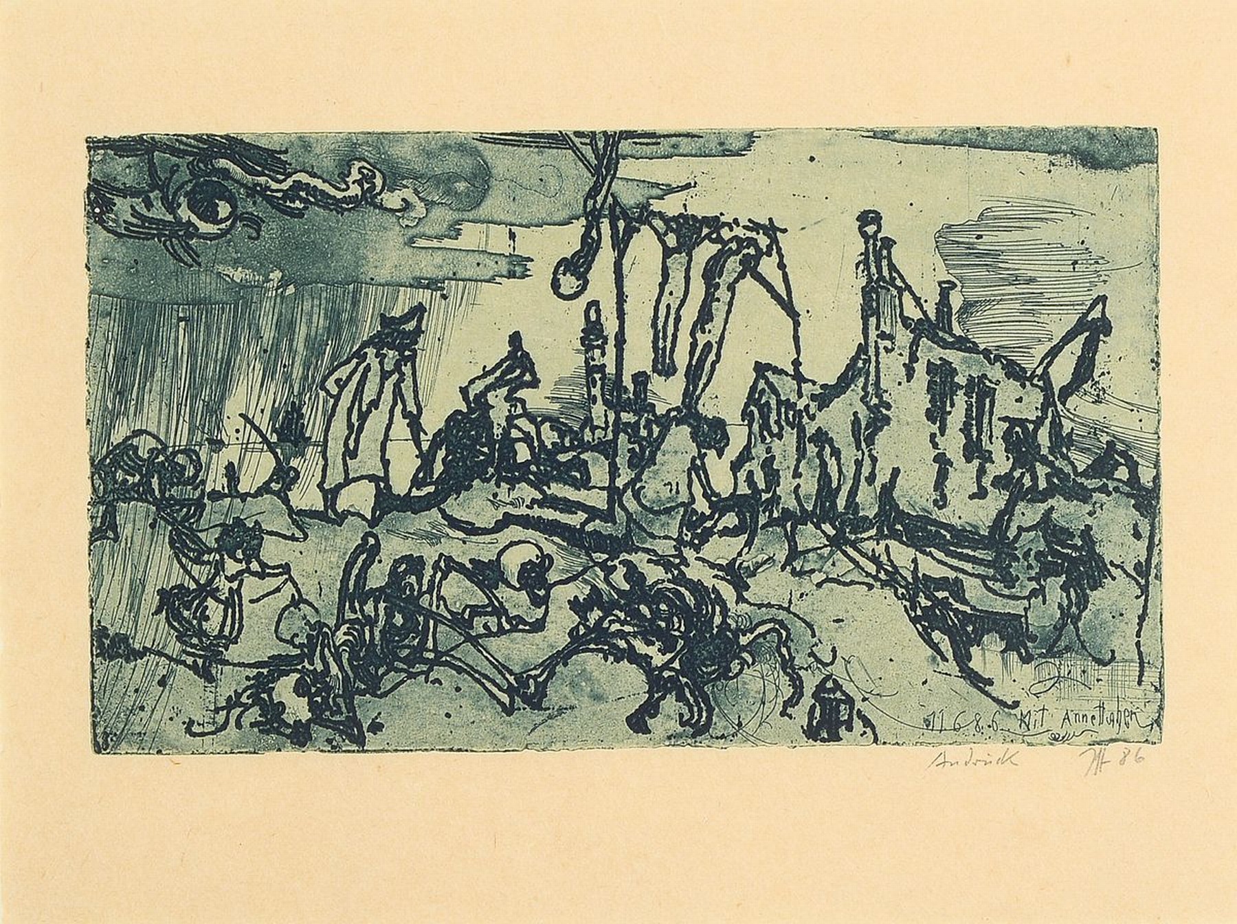 Horst Janssen,1929-1995, Radierung, handsigniert, aus 1986, Blattgr. 24.3 x 33 cm, Rahmengr. 42.5 x 52.5cmcm, Unikat, da es sich um einen Andruck vor ...
