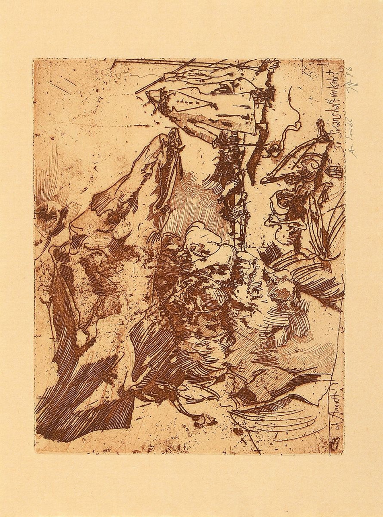 Horst Janssen,1929-1995, Radierung, handsigniert, aus 1986, Blattgr. 24.6 x 32.7cm, Rahmengr. 42.5 x 52 cm, Unikat, da es sich um einen Andruck vor ...