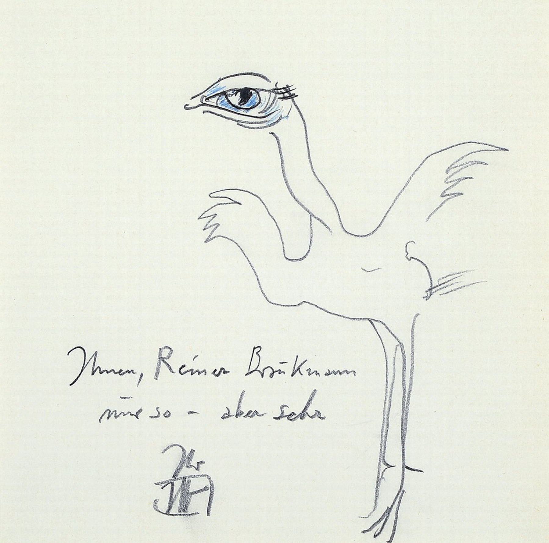 Horst Janssen,1929-1995, Bleistift und Buntstiftzeichnung auf Papier, "Vogel", monogrammiert "Ihr HJ", handschriftlich ...