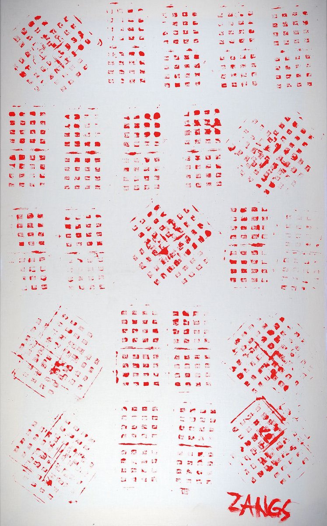 Herbert Zangs,1924-2003, mit roter Farbe gestaltetes Leintuch, quadratische Stempelanordnung mit mathematischen Zeichen, Stempeltechnik, Unikat, ...