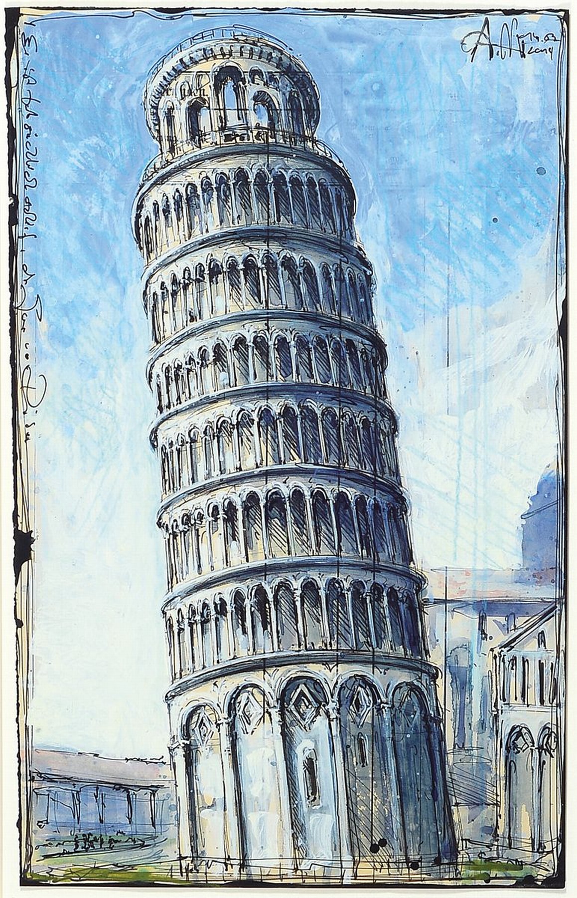 Andreas Noßmann, geb. 1962, Federzeichnung und Aquarell und Farbstift, "Schiefer Turm von Pisa", das Werk ist signiert und dat. 2019, bez. ...