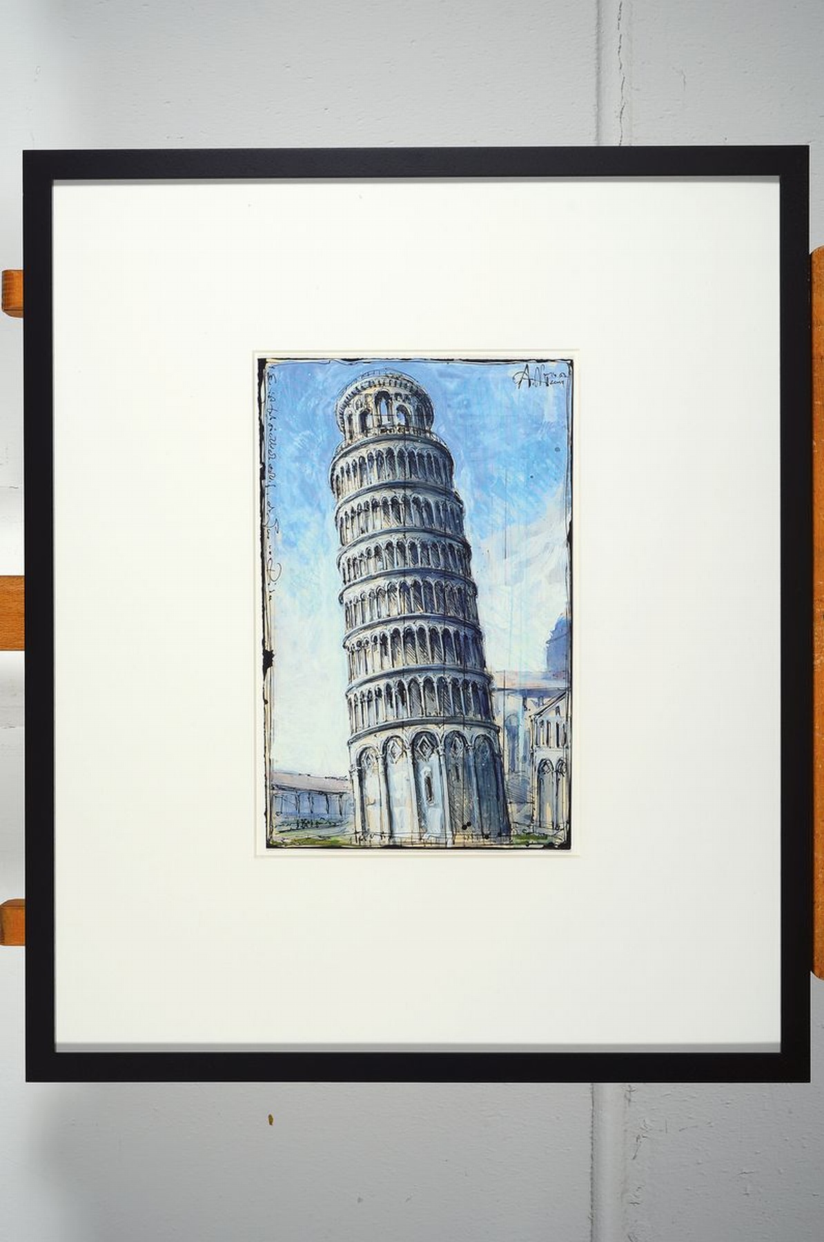 Detail k: Andreas Noßmann, geb. 1962, Federzeichnung und Aquarell und Farbstift, "Schiefer Turm von Pisa", das Werk ist signiert und dat. 2019, bez. ...