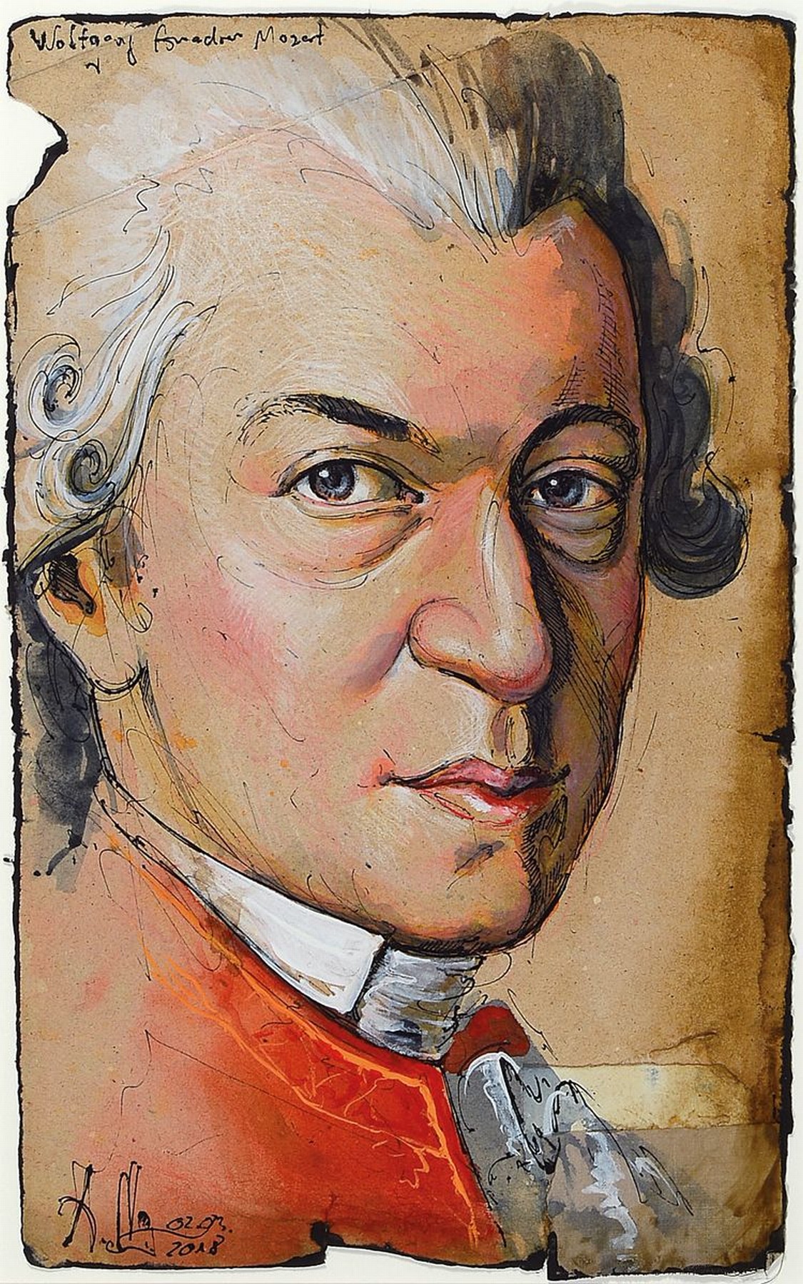 Andreas Noßmann, geb. 1962, Federzeichnung und Aquarell und Farbstift auf altem Karton, "Wolfgang Amadeau Mozart", Blattgr. 36 x 22 ...