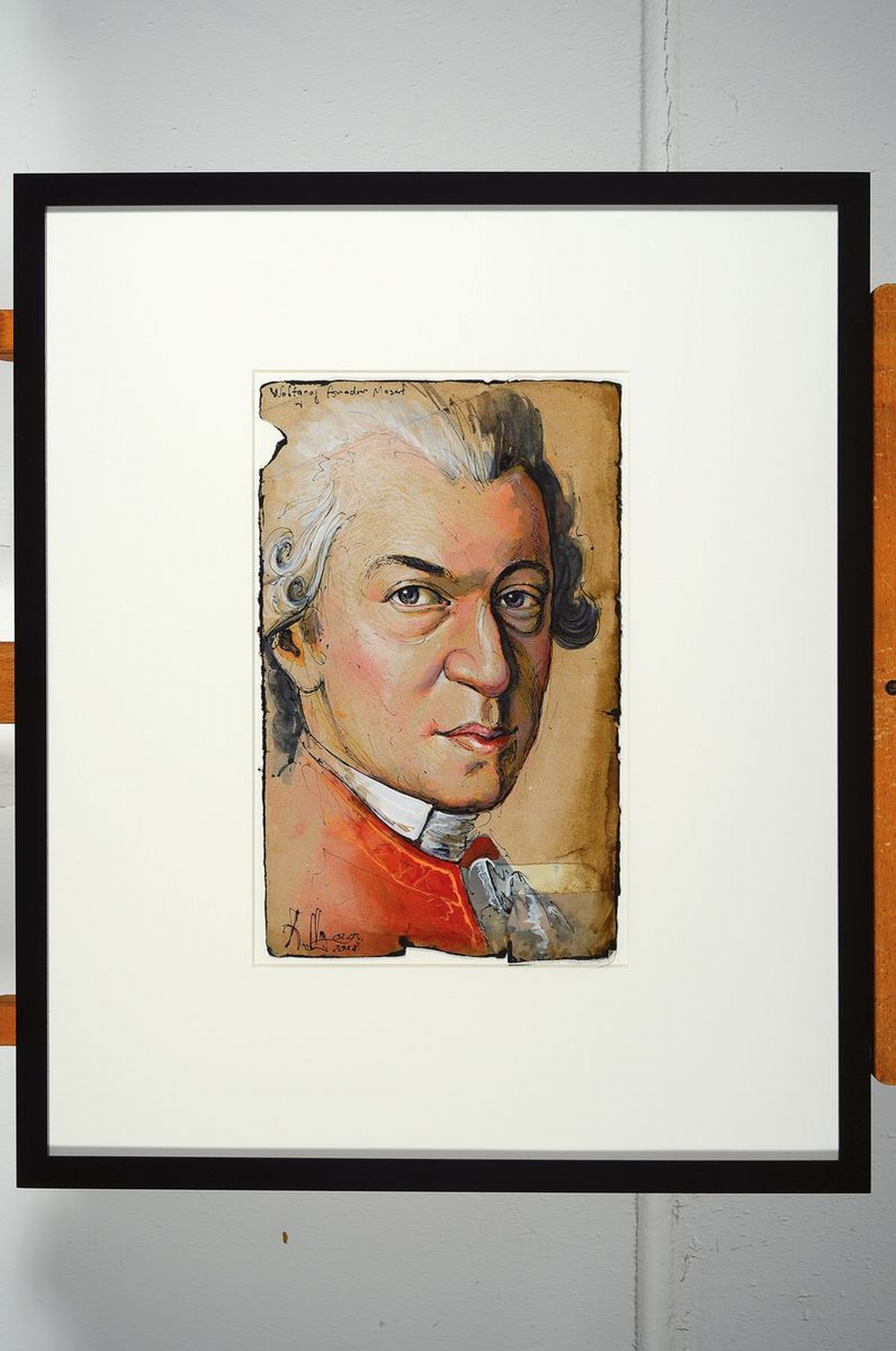 Detail k: Andreas Noßmann, geb. 1962, Federzeichnung und Aquarell und Farbstift auf altem Karton, "Wolfgang Amadeau Mozart", Blattgr. 36 x 22 ...