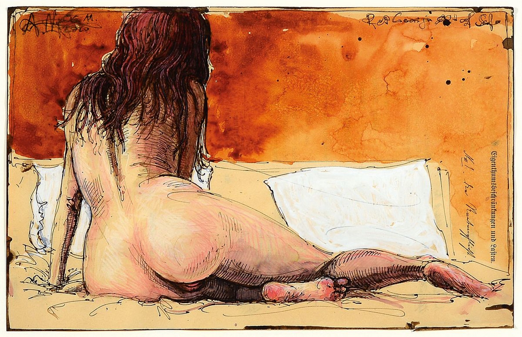 Andreas Noßmann, geb. 1962, Federzeichnung und Aquarell und Farbstift auf altem Karton, "Rothaariger Akt auf Sofa, Blattgr. 20.5 x 32csigniert ...