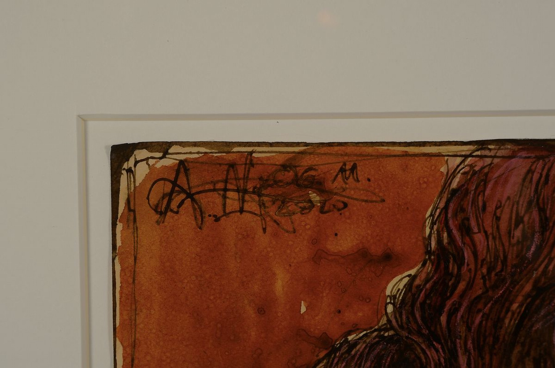 Detail c: Andreas Noßmann, geb. 1962, Federzeichnung und Aquarell und Farbstift auf altem Karton, "Rothaariger Akt auf Sofa, Blattgr. 20.5 x 32csigniert ...