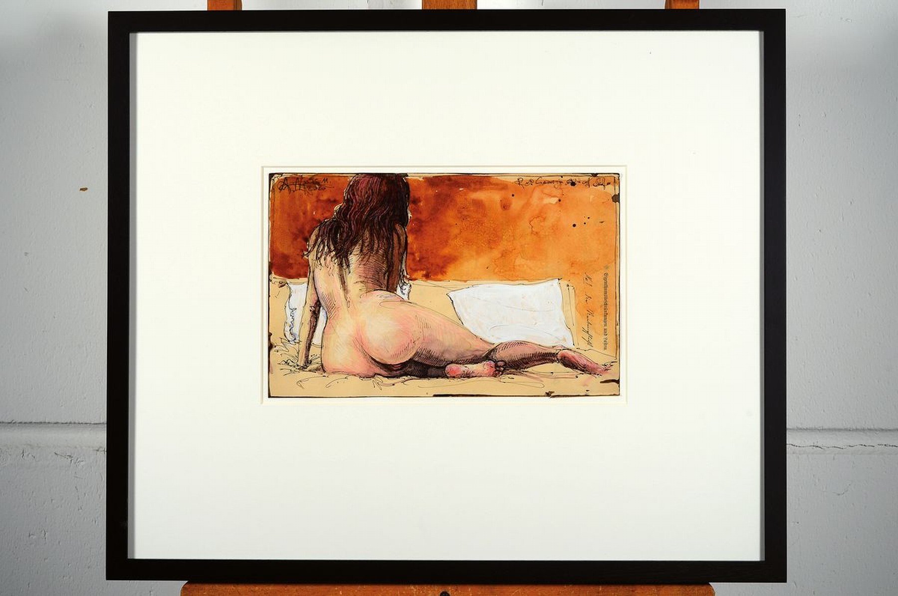 Detail k: Andreas Noßmann, geb. 1962, Federzeichnung und Aquarell und Farbstift auf altem Karton, "Rothaariger Akt auf Sofa, Blattgr. 20.5 x 32csigniert ...