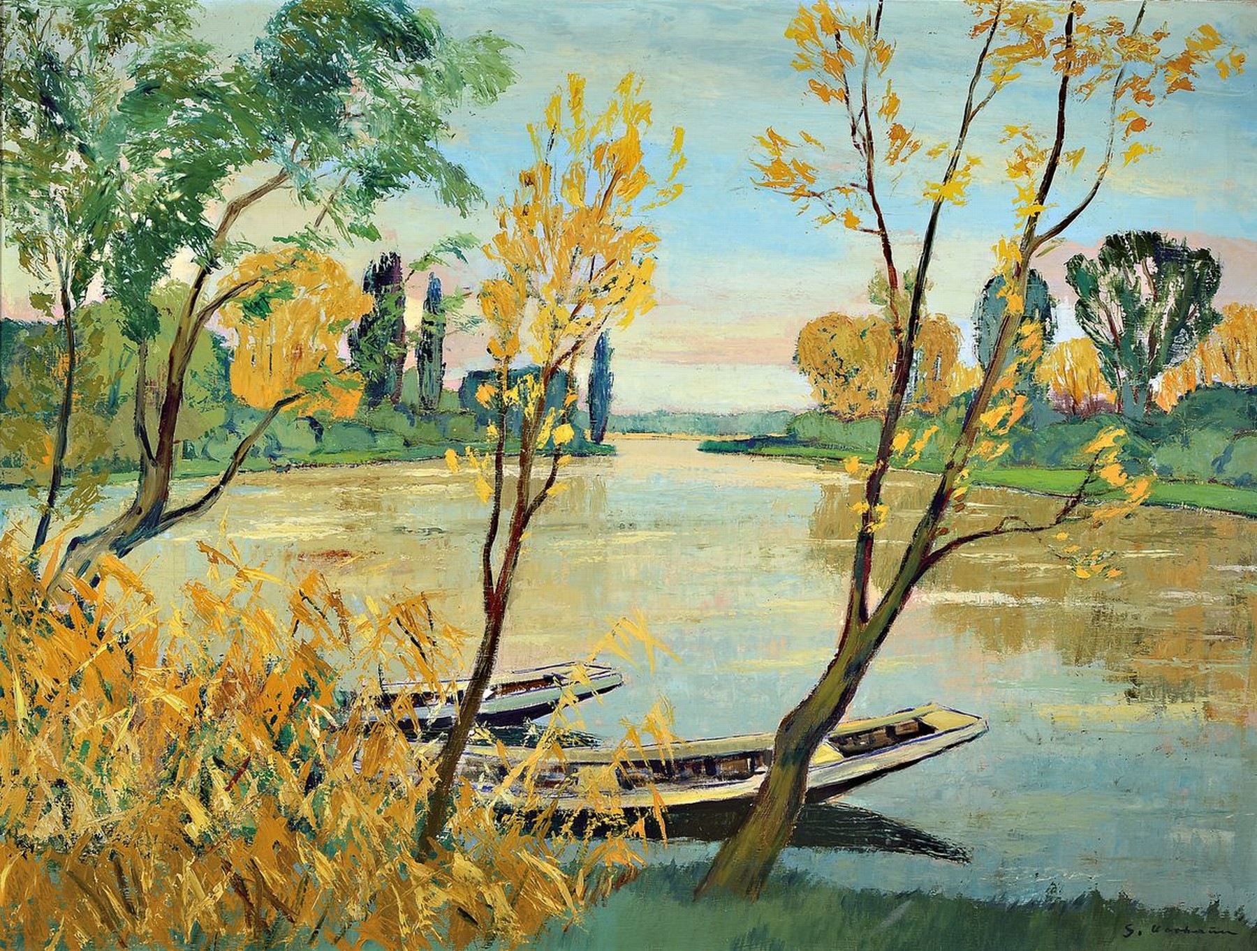 Georg Vorhauer, 1903 Paris-1981 Neustadt a.d. Weinstr., Am Altrhein, Öl/Lwd, rechts unten signiert, ca. 90x120cm, R. ca. 103x133cm